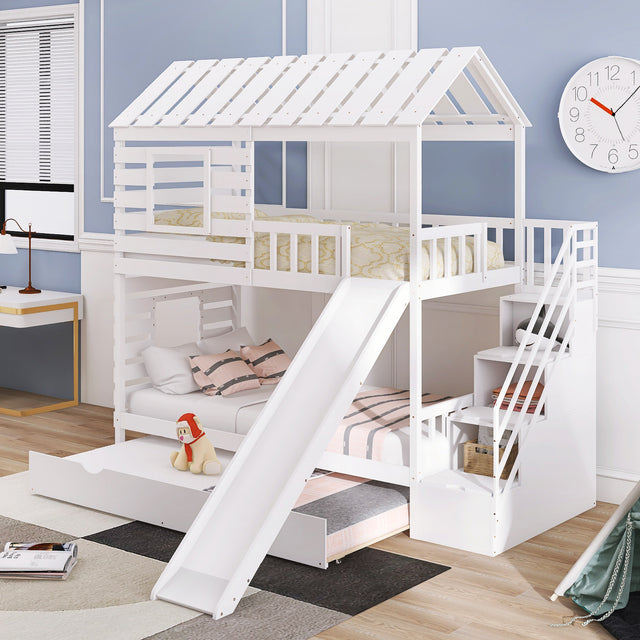 Twin over Twin House Bunk Bed with Trundle and Slide, Storage Staircase,Roof and Window Design, White - Home Elegance USA