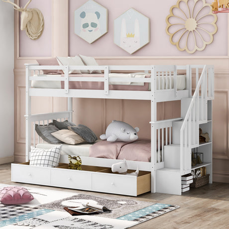 Stairway Twin-Over-Twin Bunk Bed with Three Drawers for Bedroom, Dorm - White(Old sku: LP000309AAK) - Home Elegance USA