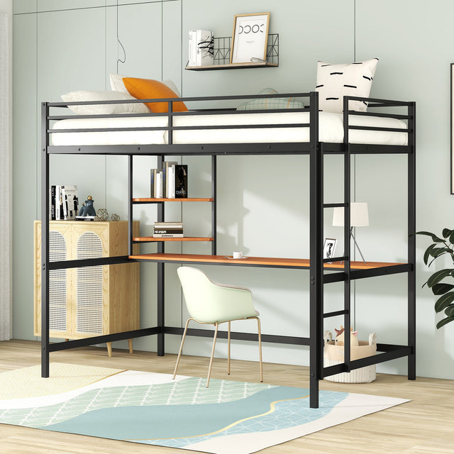 Full Metal Loft Bed with Desk and Shelve, Black - Home Elegance USA