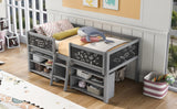 Twin Size Low Loft Bed with Two Movable Shelves and Ladder,with Decorative Guardrail Chalkboard,Gray - Home Elegance USA