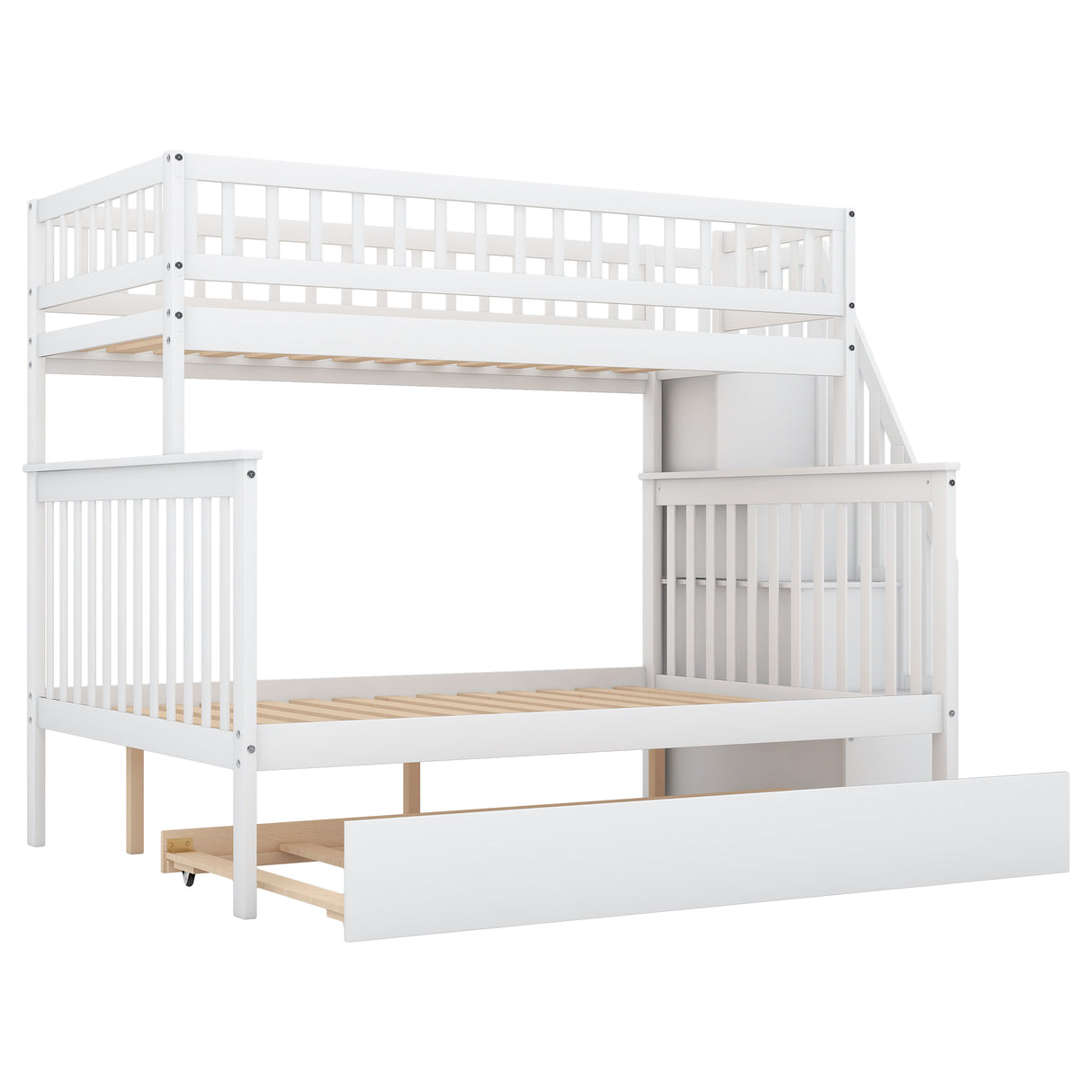 Twin over Full Bunk Bed with Trundle and Staircase,White - Home Elegance USA