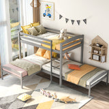 Twin over Twin over Twin Bed L-shaped Bunk Bed, Pine Wood Bed Frame, Gray - Home Elegance USA