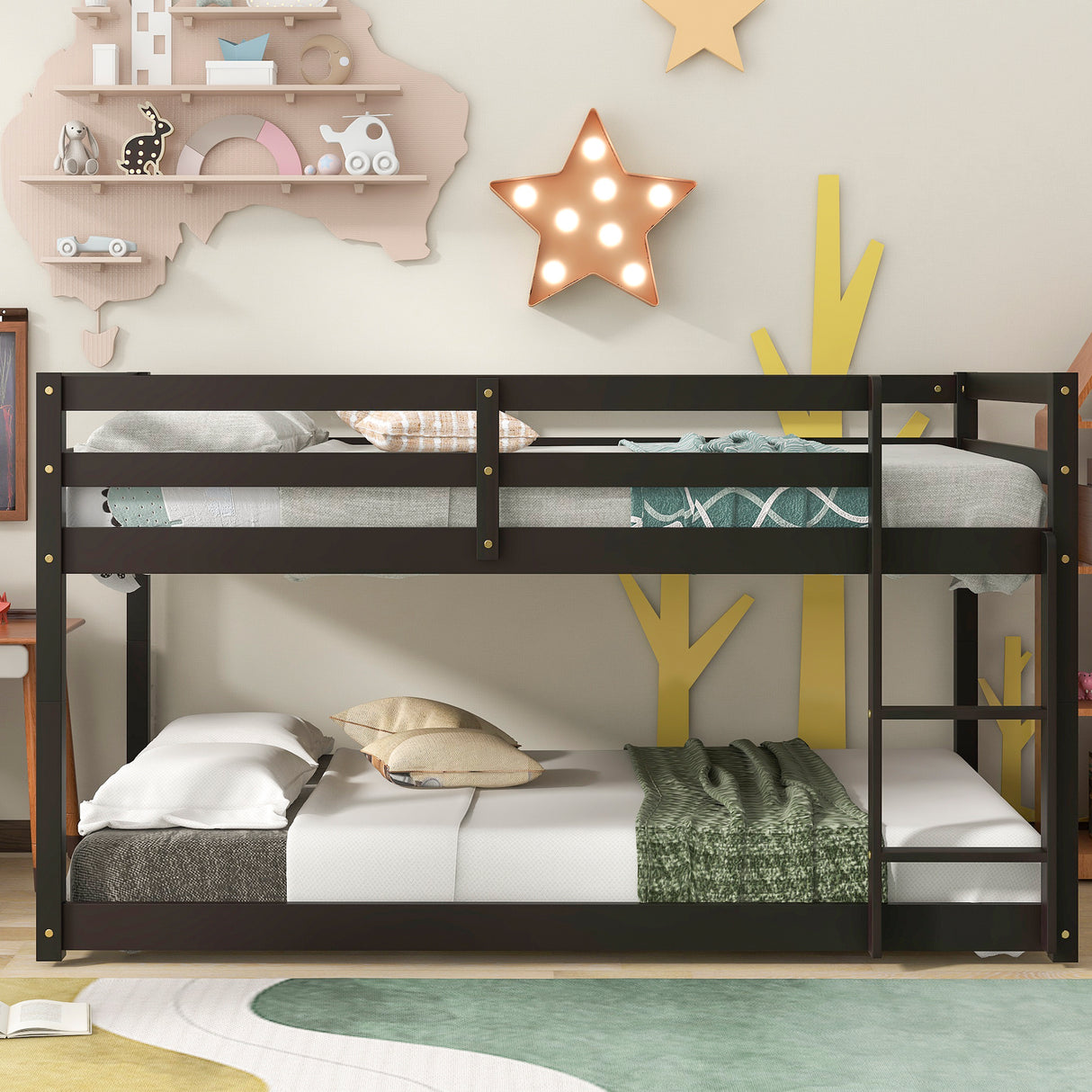 Twin over Twin Floor Bunk Bed,Espresso(Old Sku:W50430321) - Home Elegance USA