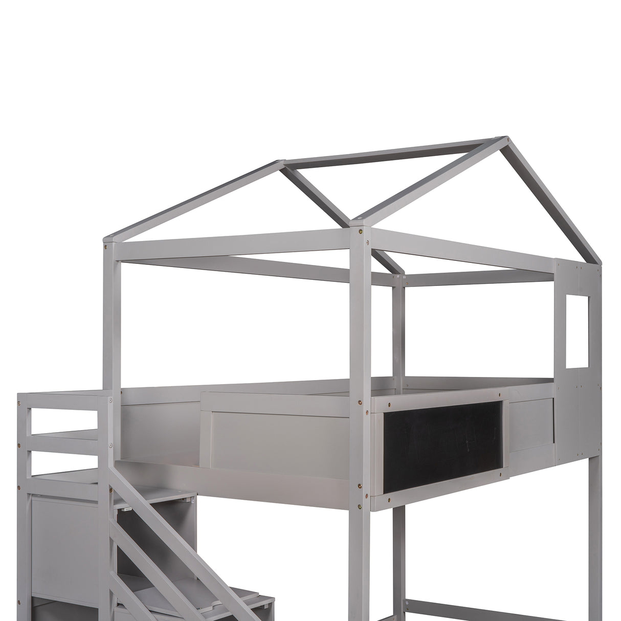 Twin over Full House Bunk Bed with Storage Staircase and Blackboard,Grey - Home Elegance USA