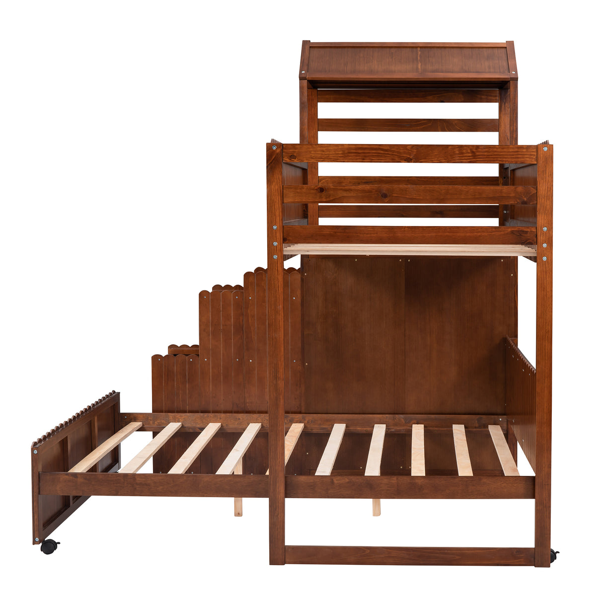 Stairway Twin Over Full Bunk Bed, House Bed with Two Shelves and Seven Drawers,Walnut - Home Elegance USA