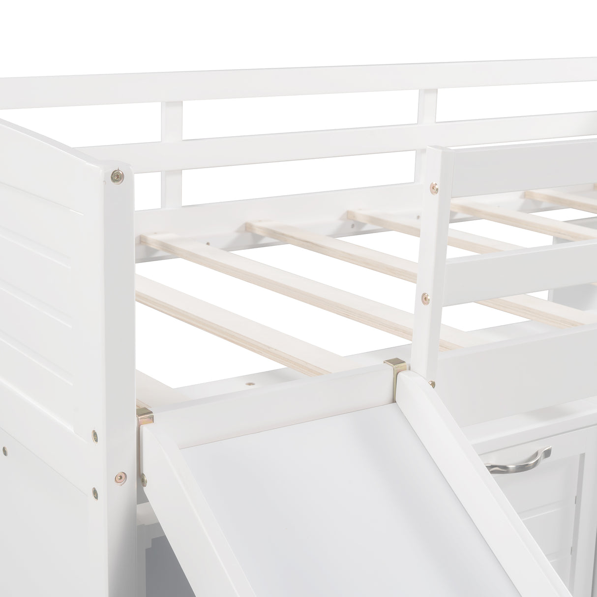 Low Twin Size Loft Bed with Cabinets, Shelves and Slide - White(OLD SKU :LP000503AAK)