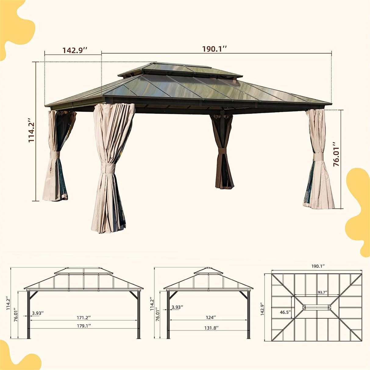 12x16ft Hardtop Gazebo, Permanent Outdoor Gazebo with Polycarbonate Double Roof, Aluminum Gazebo Pavilion with Curtain and Net for Garden, Patio, Lawns, Deck, Backyard, Wood Looking - W1859S00025 - image - 7