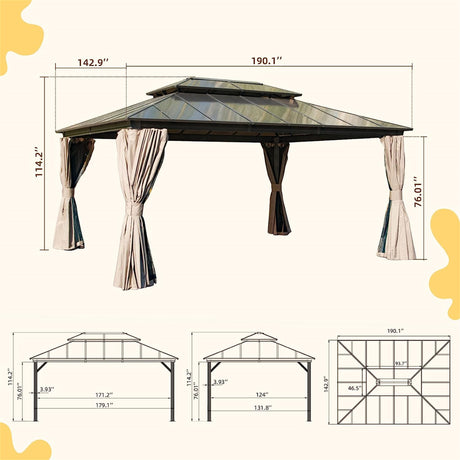 12x16ft Hardtop Gazebo, Permanent Outdoor Gazebo with Polycarbonate Double Roof, Aluminum Gazebo Pavilion with Curtain and Net for Garden, Patio, Lawns, Deck, Backyard, Wood Looking | Home Elegance USA