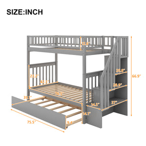 Twin over Twin Bunk Bed with Trundle and Storage, Gray - Home Elegance USA