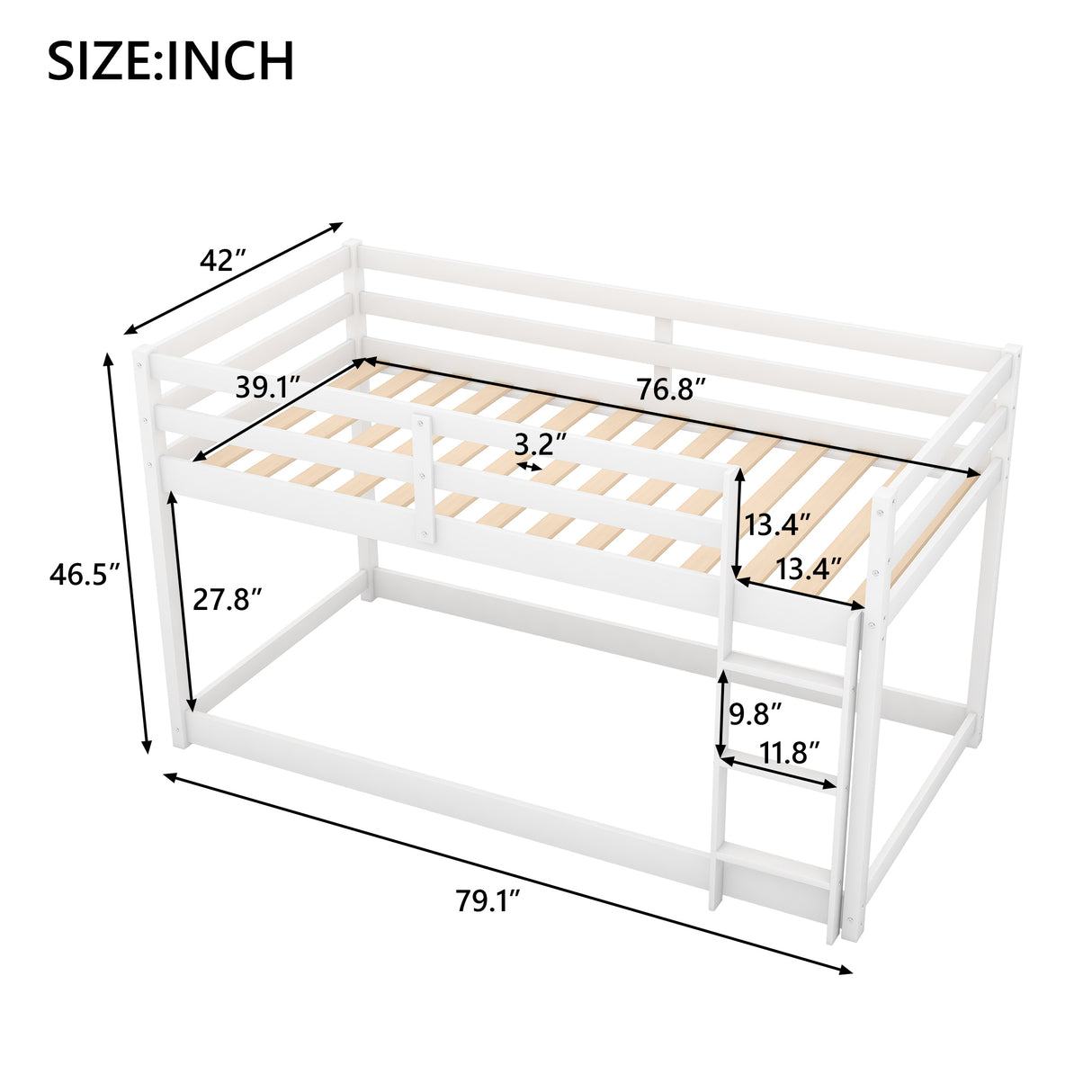 Twin over Twin Floor Bunk Bed with Ladder , White(Old SKU:WF281727AAK/WF286602AAK) - Home Elegance USA