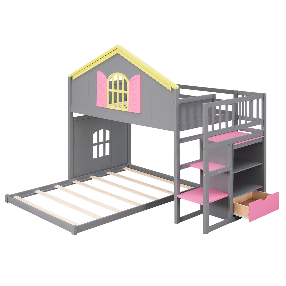 Twin over Full House Bunk Bed with Pink Staircase and Drawer,  Shelves Under the Staircase, House Shaped Bed with Windows, Gray - Home Elegance USA