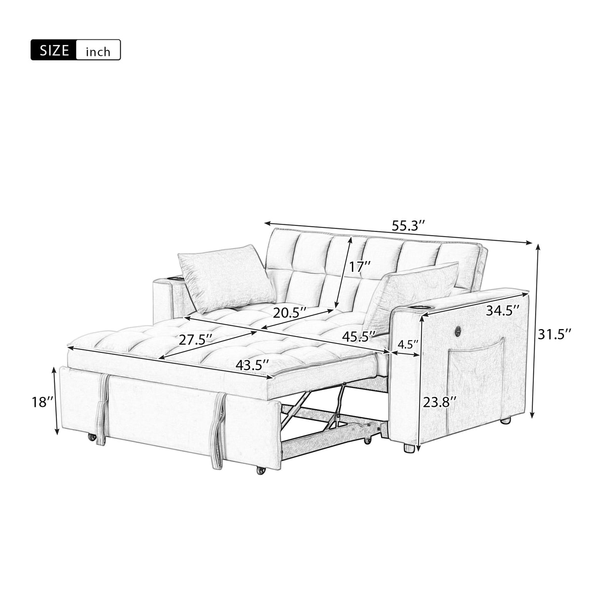 55.3" 4 - 1 Multi - functional Sofa Bed with Cup Holder and USB Port for Living Room or Apartments Milky White - SG000830AAA - image - 2