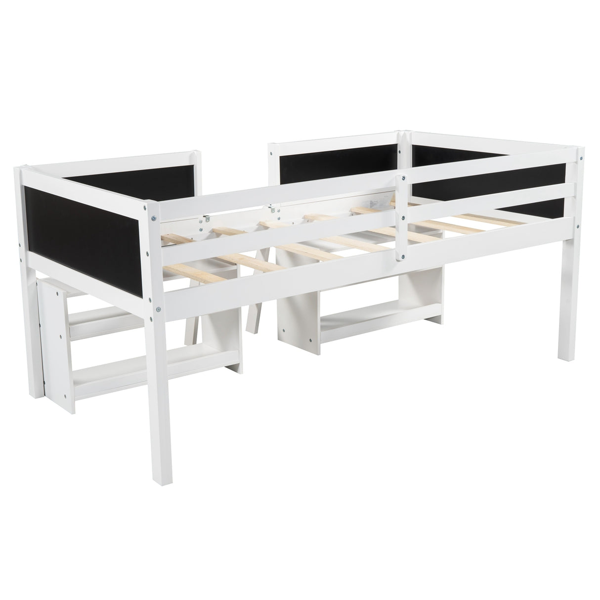 Twin Size Low Loft Bed with Two Movable Shelves and Ladder,with Decorative Guardrail Chalkboard,White - Home Elegance USA