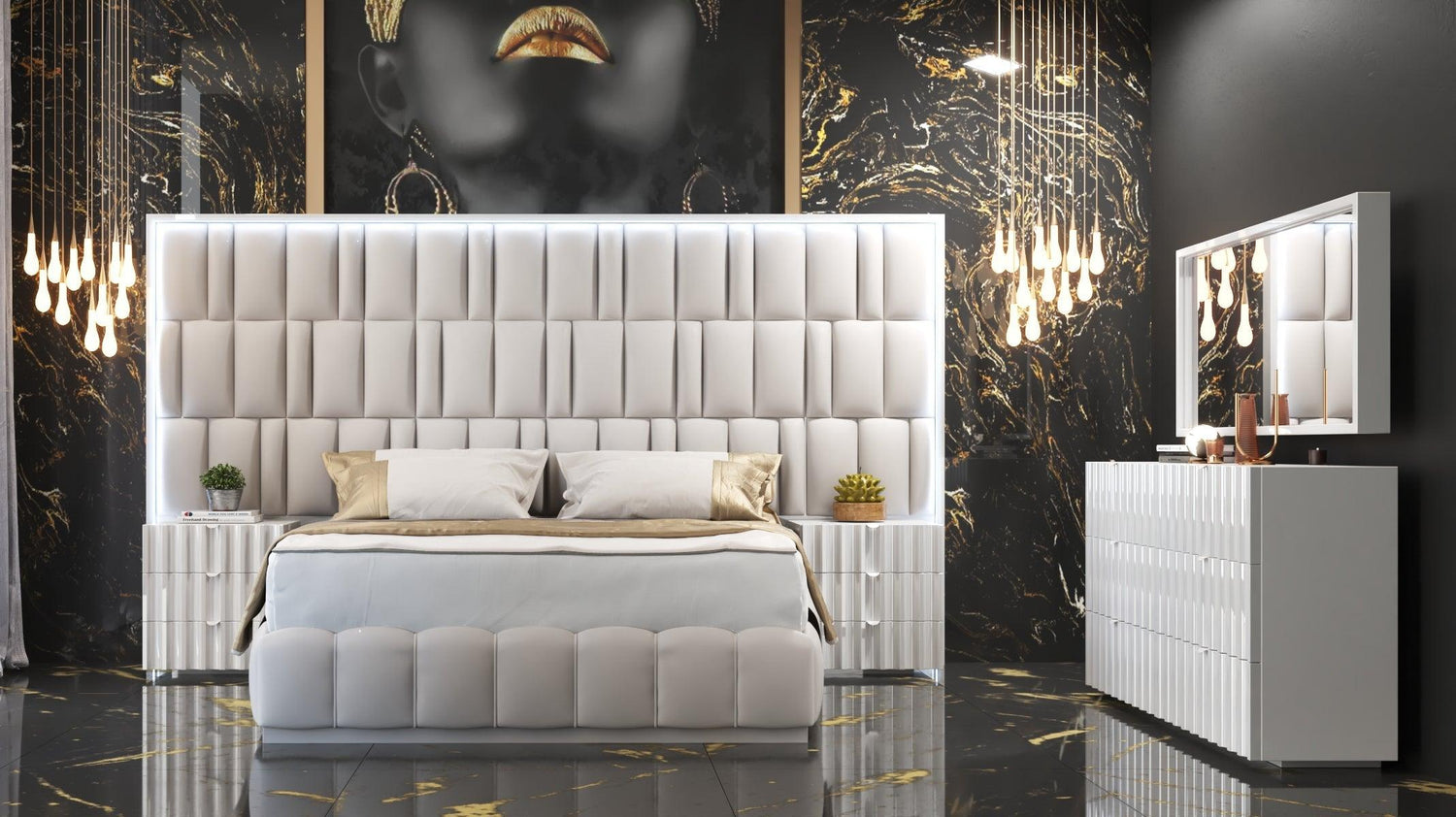 Esf Furniture - Orion 5 Piece Queen Size Bedroom Set In White With Light - Orionqs-5Set