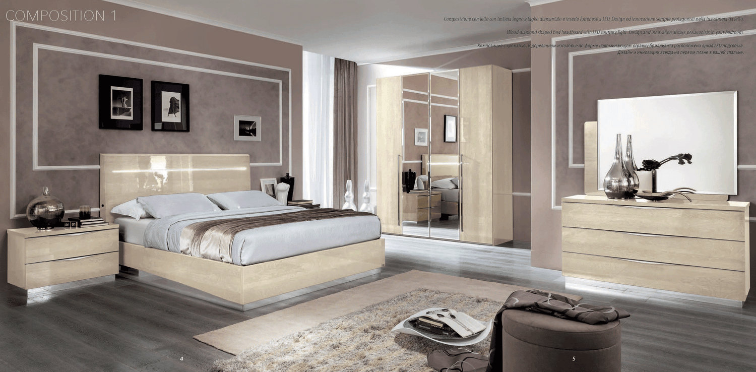 Camelgroup Italy Legno King Size Bed With Led Ivory Betullia Sabbia - Platinumksbeige | ESF | Home Elegance USA
