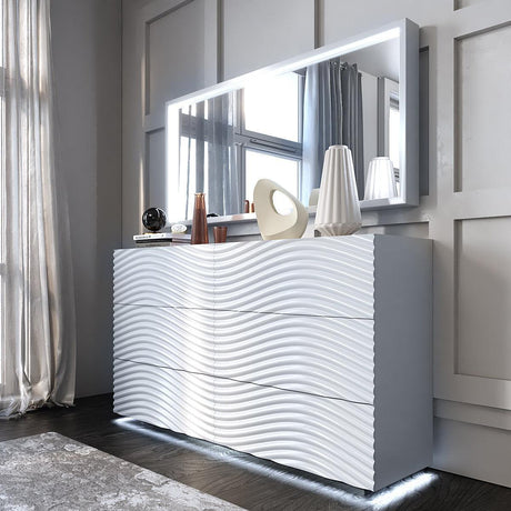 Wave Double Dresser with Light in White (Shiny) – Modern Bedroom Storage by ESF Furniture