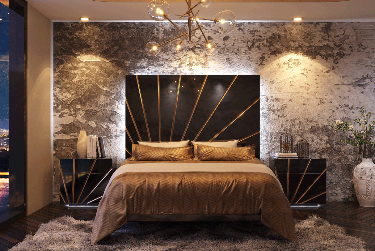 Esf Furniture - Oro Queen Bed W/Light In Black - Oroqsbedblack