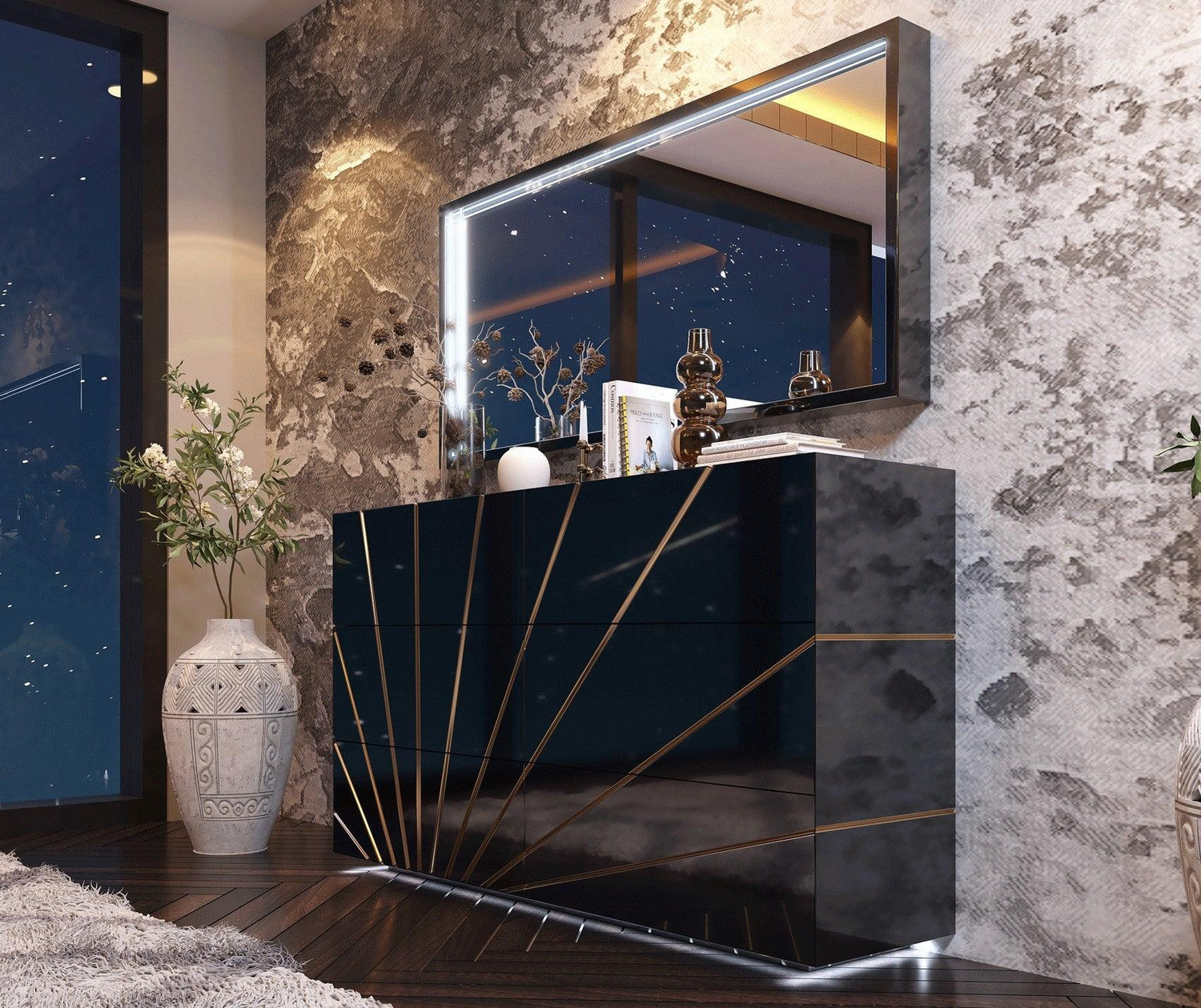 Esf Furniture - Oro 6 Drawer Double Dresser With Mirror In Black - Oroddblack-M