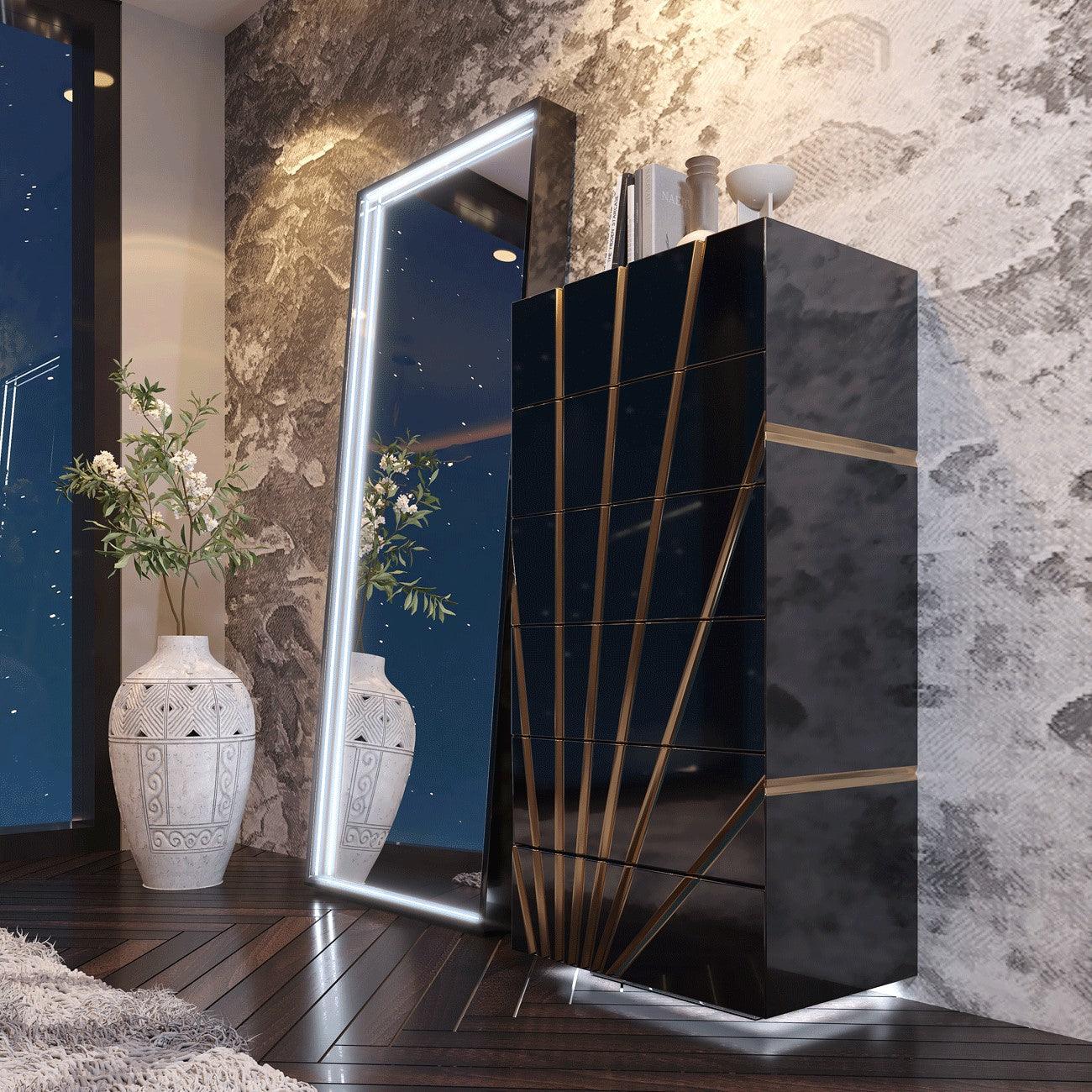 Esf Furniture - Oro 6 Piece Eastern King Bedroom Set W/Light In Black - Oroksbed-6Set-Black