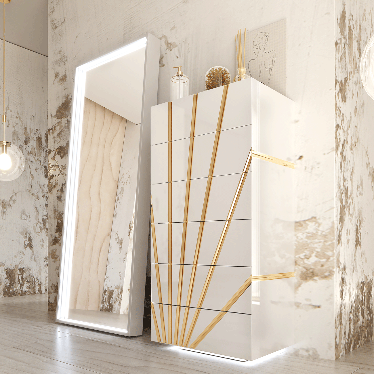 Esf Furniture - Oro 6 Piece Eastern King Bedroom Set W/Light In White - Oroksbed-6Set