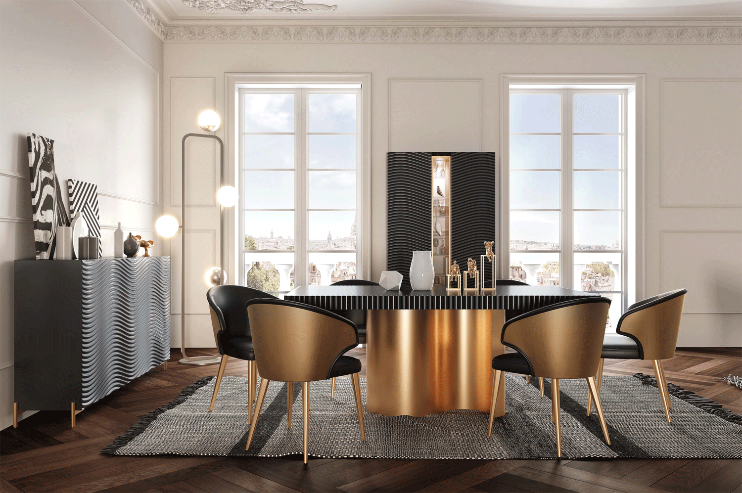 Esf Furniture - Wave 10 Piece Dining Room Set In Matt Gold - Wave-10Set