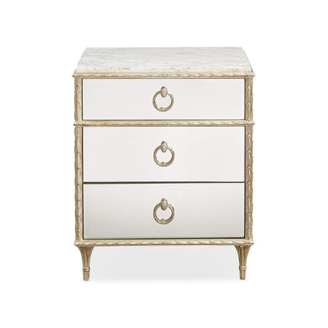 Fontainebleau Three Drawer Nightstand | Caracole Compositions – Mirrored Panels, Carrara White Marble Top