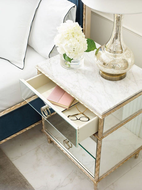 Fontainebleau Three Drawer Nightstand | Caracole Compositions – Mirrored Panels, Carrara White Marble Top