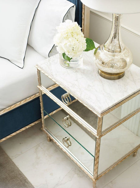 Fontainebleau Three Drawer Nightstand | Caracole Compositions – Mirrored Panels, Carrara White Marble Top