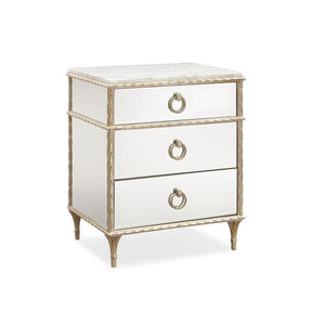 Fontainebleau Three Drawer Nightstand | Caracole Compositions – Mirrored Panels, Carrara White Marble Top