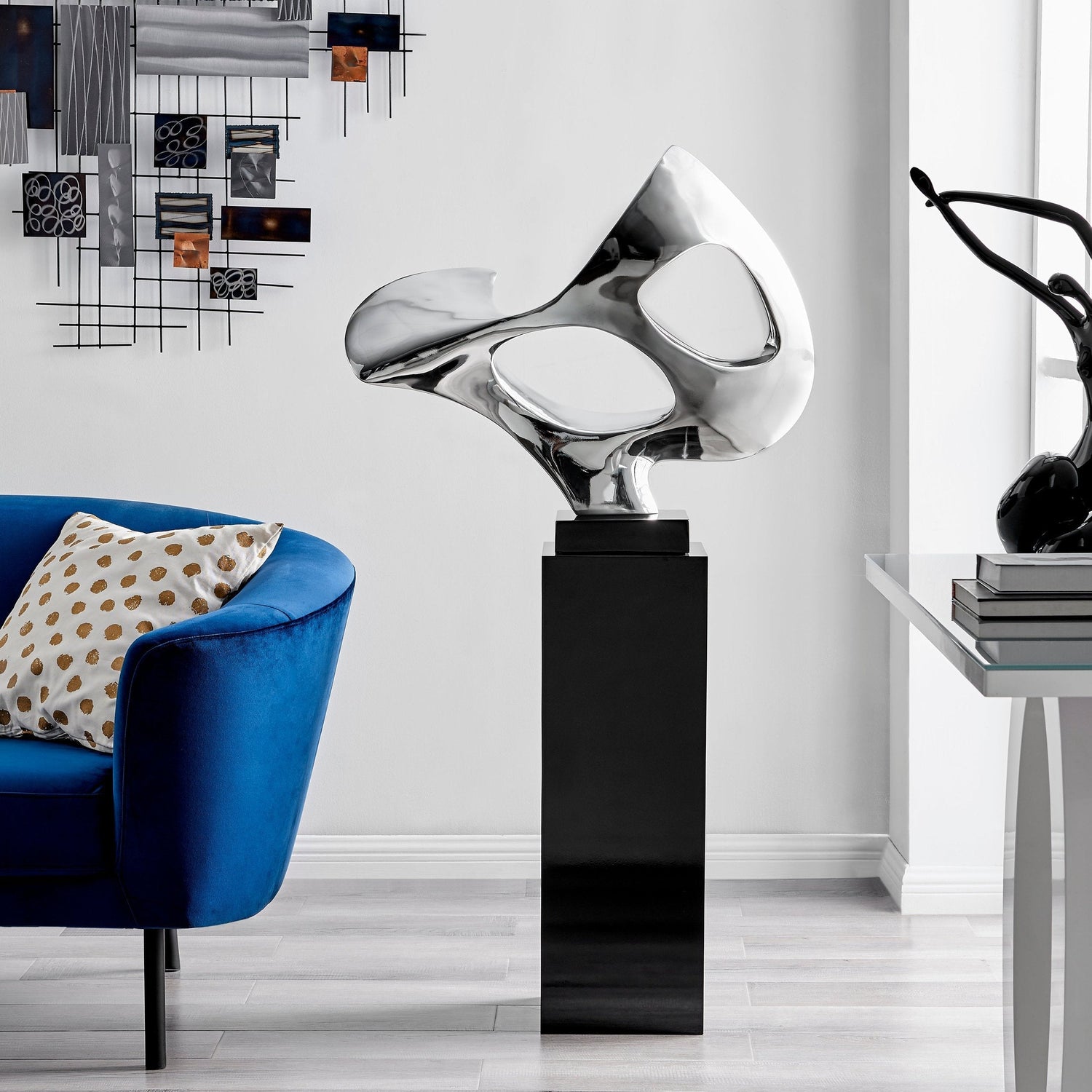 Chrome Abstract Mask Floor Sculpture With Black Stand, 54" Tall - Home Elegance USA