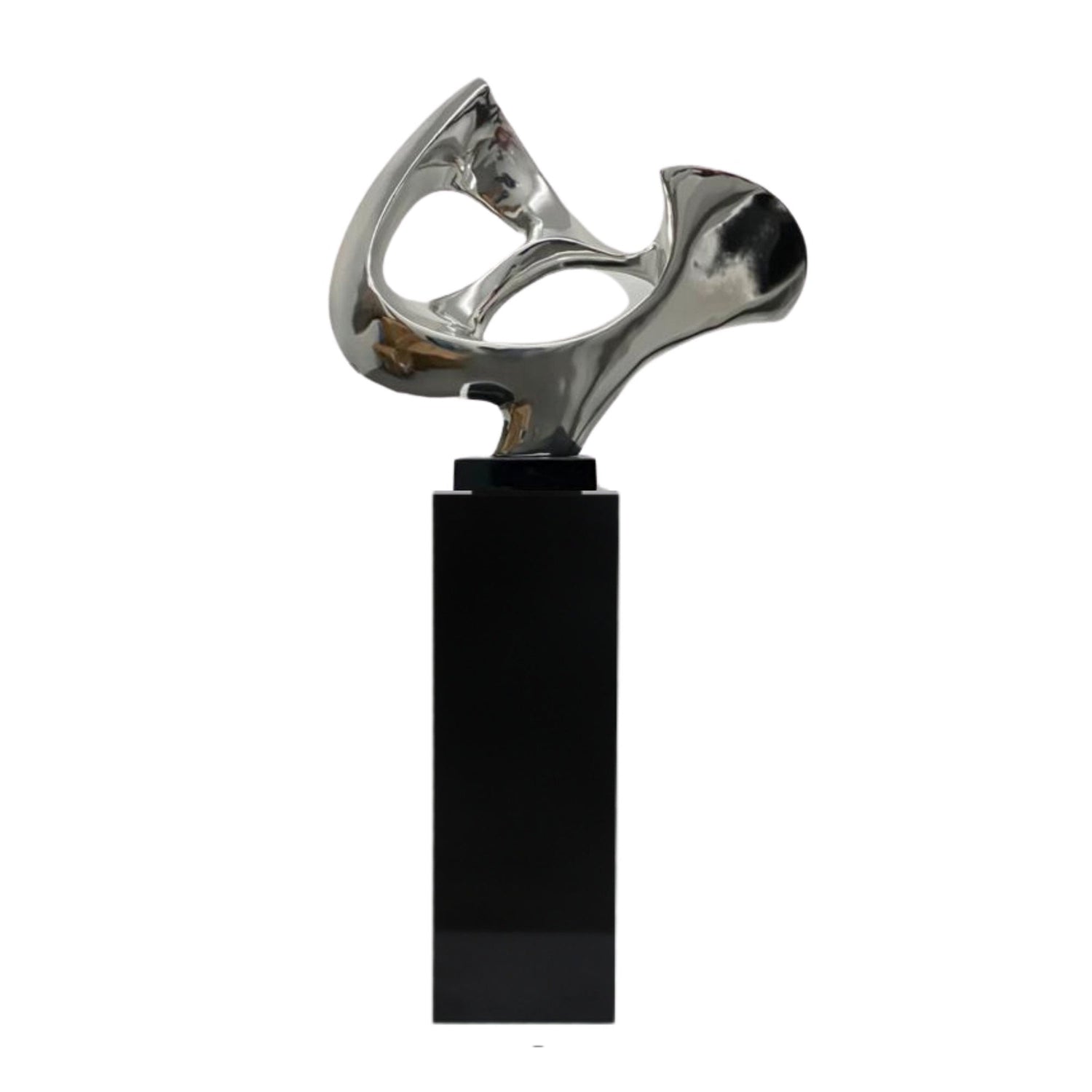 Chrome Abstract Mask Floor Sculpture With Black Stand, 54" Tall - Home Elegance USA