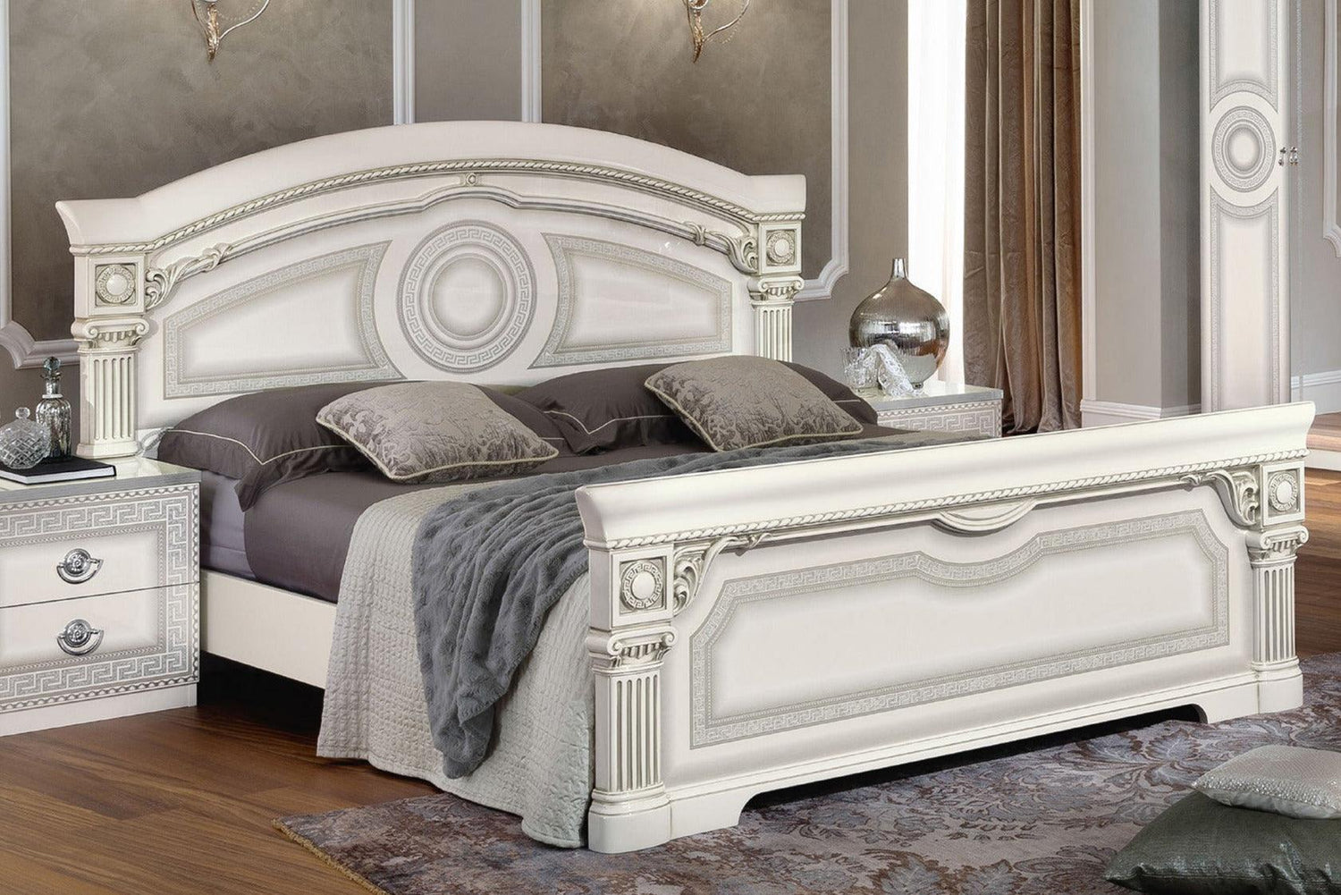 Aida Queen Panel Bed In White - Silver - Aidabedqswhite | ESF | Home Elegance USA