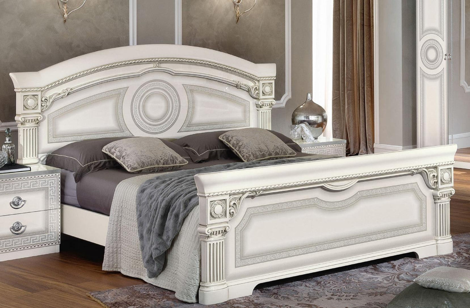 Aida 5 Piece Eastern King Panel Bedroom Set In White - Silver - Aidabedkswhite - 5Set | ESF | Home Elegance USA