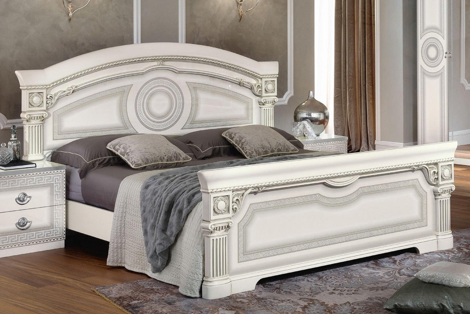 Aida 6 Piece Eastern King Panel Bedroom Set In White - Silver - Aidabedkswhite - 6Set | ESF | Home Elegance USA