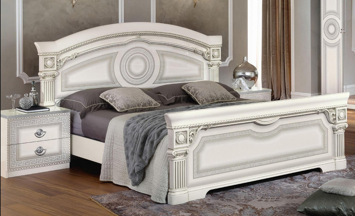 Aida King Panel Bed In White - Silver - Aidabedkswhite | ESF | Home Elegance USA