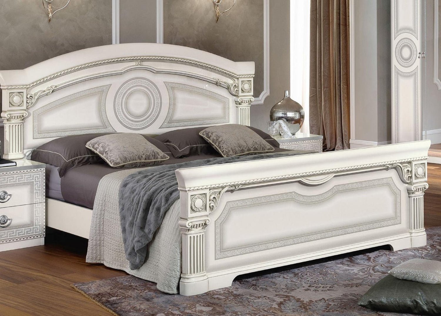 Aida 3 Piece Eastern King Panel Bedroom Set In White - Silver - Aidabedkswhite - 3Set | ESF | Home Elegance USA