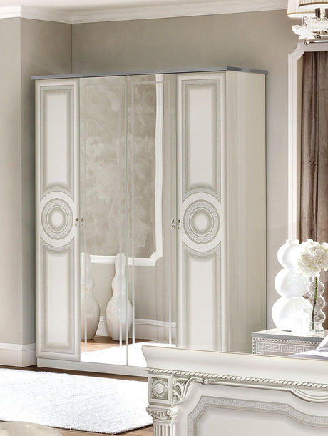 Aida 6 Piece Eastern King Panel Bedroom Set In White-Silver - Aidabedkswhite-6Set | ESF