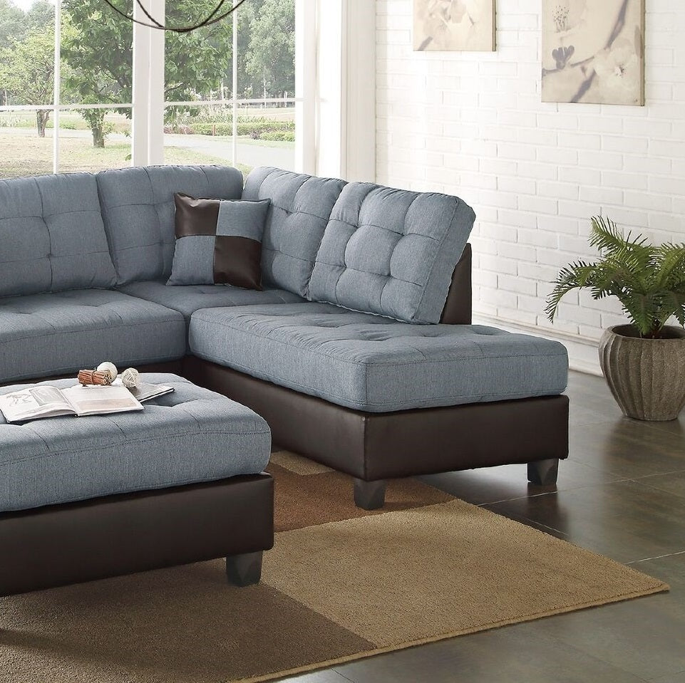 Contemporary Sectional Sofa Grey Polyfiber Linen Like Fabric Cushion Tufted Reversible 3pc Sectional Sofa L/R Chaise Ottoman Living Room Furniture Pillows - Home Elegance USA