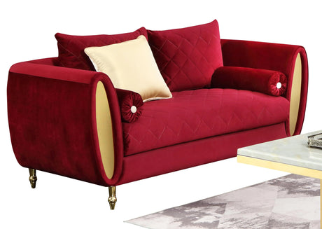 Ruby Modern Style Red Loveseat with Gold Finish - Home Elegance USA