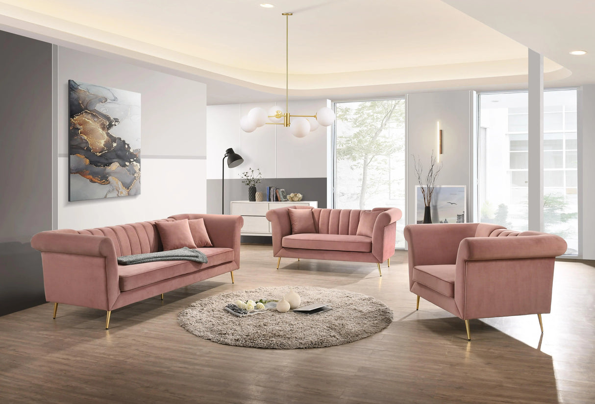 Lexington Transitional Style Coral Loveseat with Gold Finish - Home Elegance USA