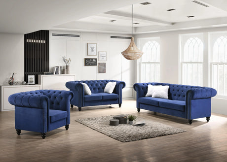 Maya Transitional Style Navy Sofa With Espresso Legs | Cosmos