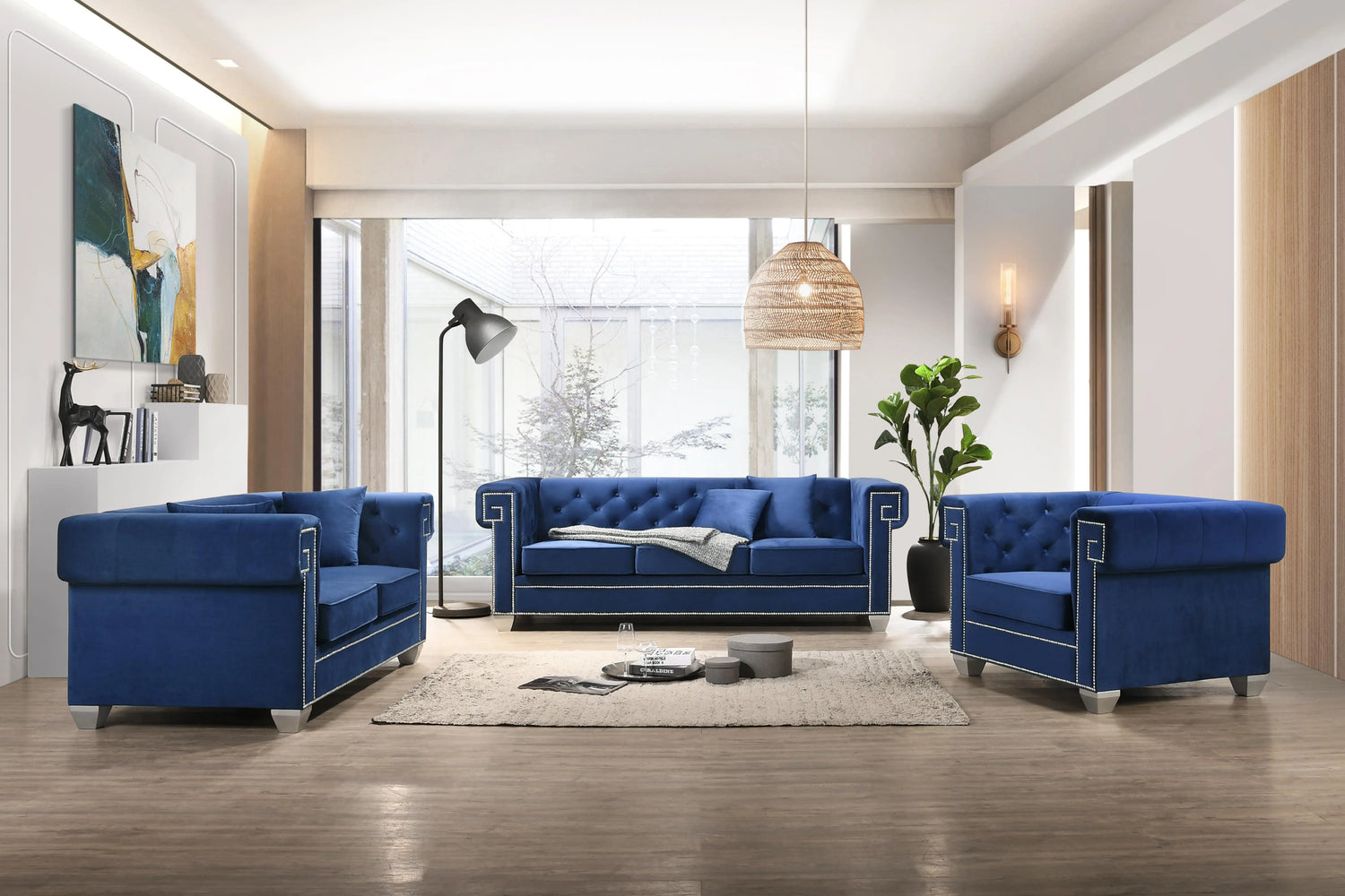 Clover Modern Style Blue Loveseat with Steel Legs - Home Elegance USA