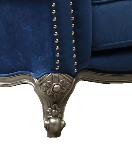 Mia Transitional Style Navy Loveseat With Silver Finish | Cosmos