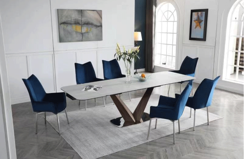 9188 Dining Table With 1218 Swivel Blue Chairs - 9188 - 1218 - 8Bluechair | ESF | Home Elegance USA