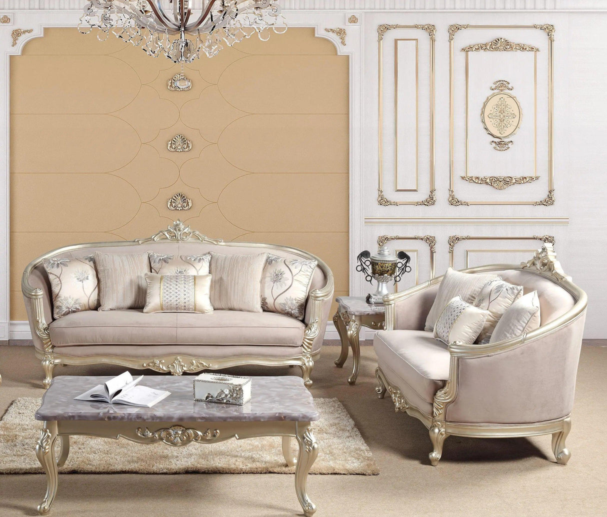 Elanor Traditional Sofa and Loveseat in Champagne Wood Finish by Cosmos Furniture Cosmos Furniture