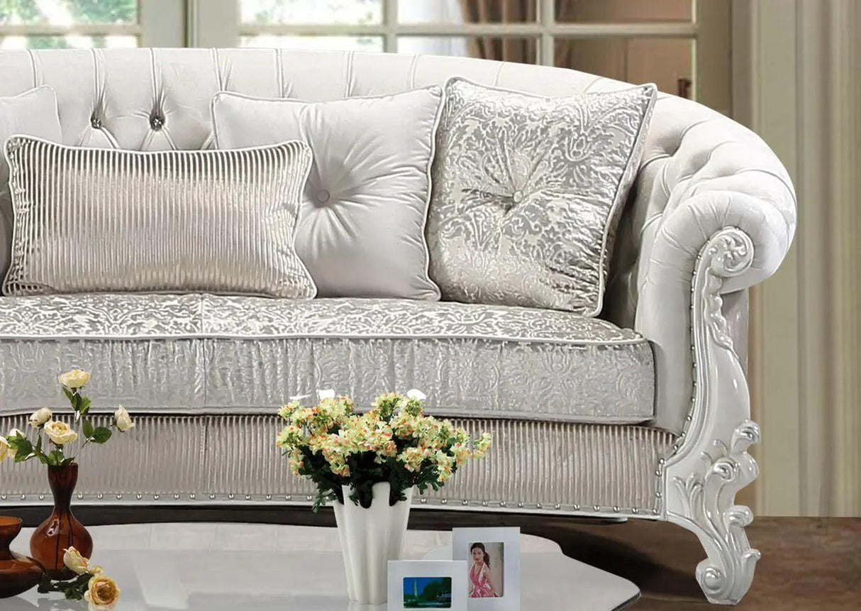 Juliana Traditional Sofa and Loveseat in Pearl White Wood Finish by Cosmos Furniture Cosmos Furniture