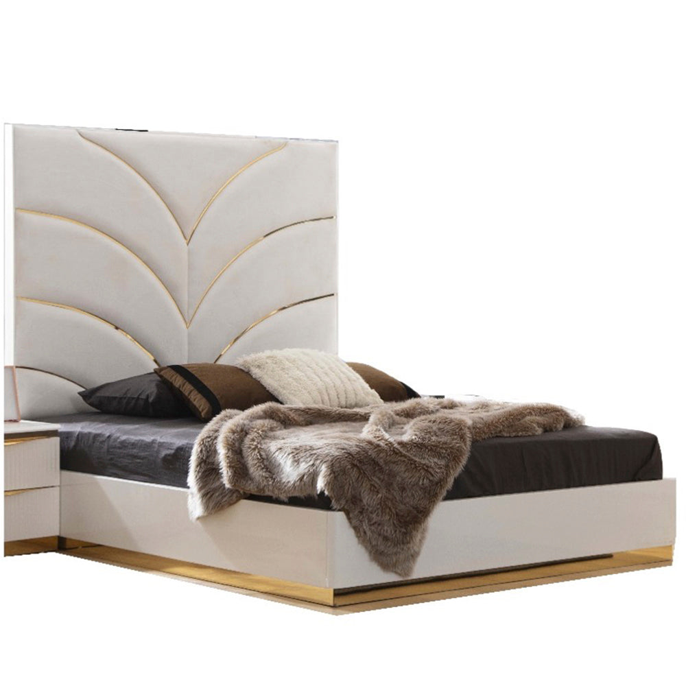 Laura Gold Detailed Queen/KingSize Upholstery Bed made with Wood in White - Home Elegance USA
