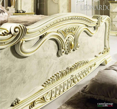 Leonardo Classic Royalty Bedroom Set In High Gloss Ivory W/ Gold Accents Finish | ESF