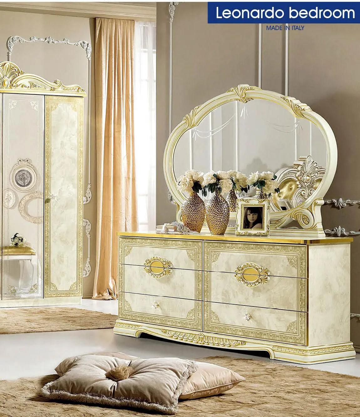 Leonardo Classic Royalty Bedroom Set In High Gloss Ivory W Gold Accents Finish ESF Queen Size Bed Dresser Mirror 4 Door Wardrobe w 2 Mirrors 2