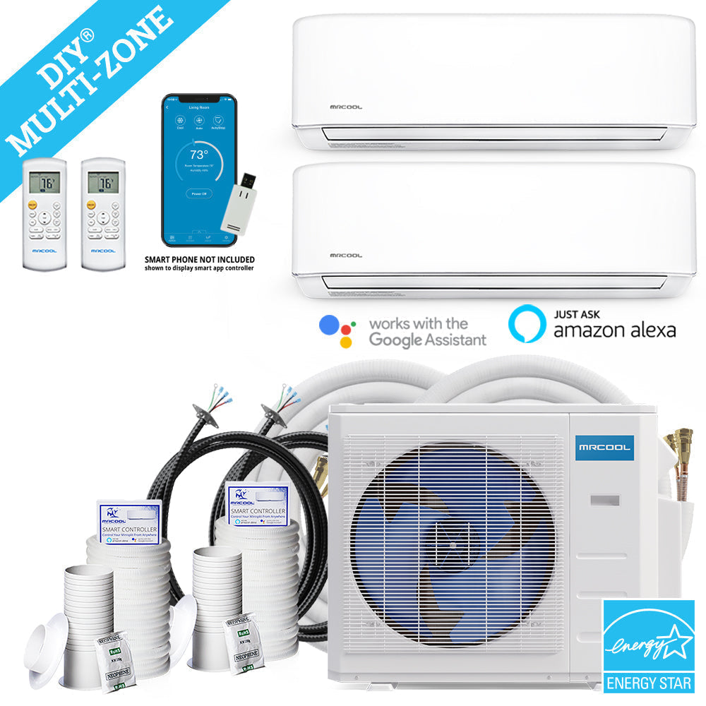 MRCOOL DIY Mini Split - 21,000 BTU 2 Zone Ductless Air Conditioner and Heat Pump with 16 ft. and 35 ft. Install Kit, DIYM218HPW01C02 - Home Elegance USA